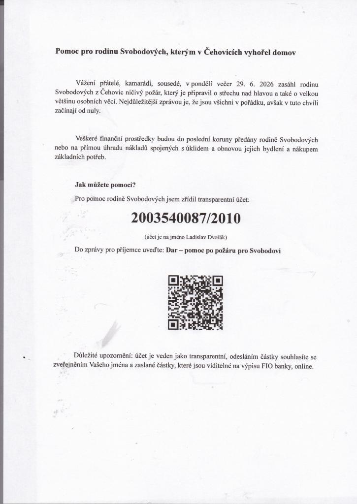 Dar pomoc po&nbsp;požáru pro&nbsp;Svobodovi