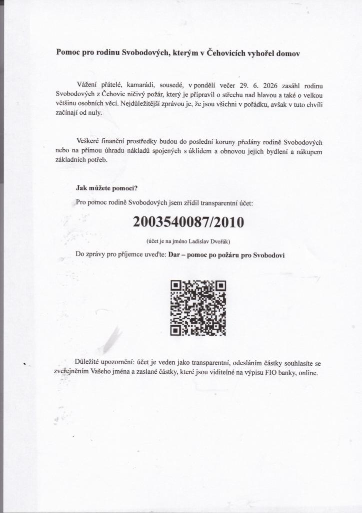 Dar pomoc po požáru pro Svobodovi